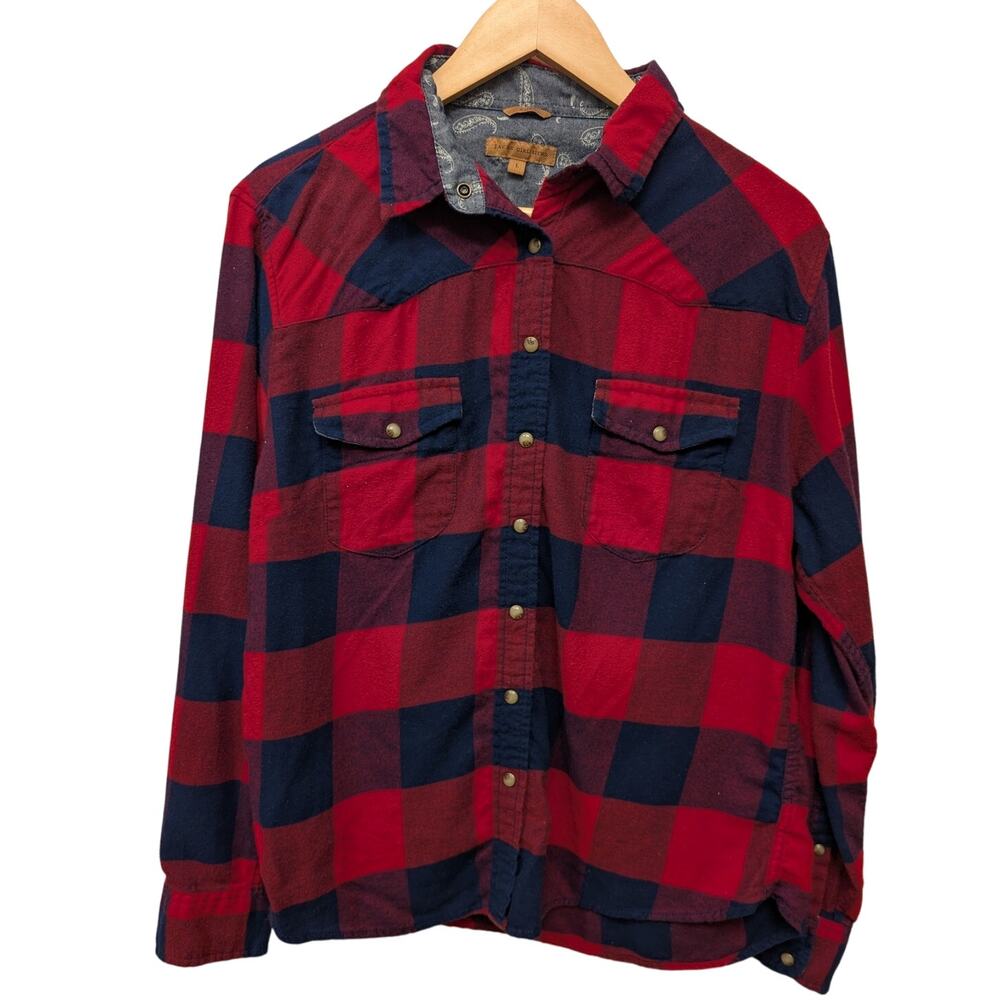 Jachs Girlfriend Bea Plaid Flannel‎ Snap Button-down Shirt Red Navy Blue Western